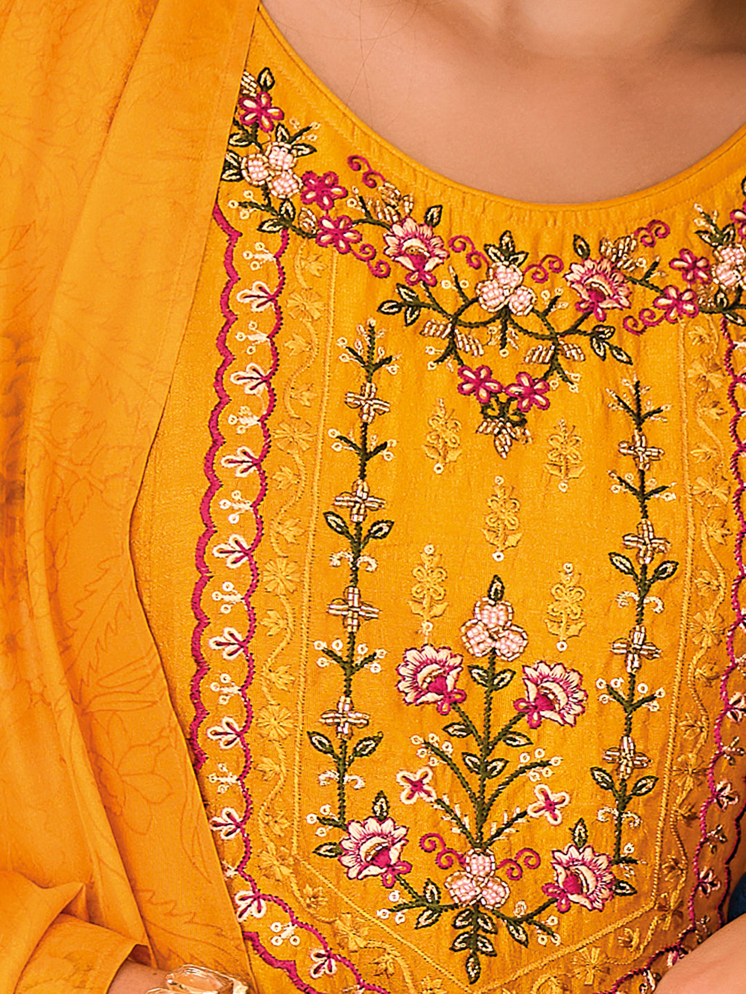 English Garden Yellow Embroidered Anarkali Pant Set - FitVibe Fashion