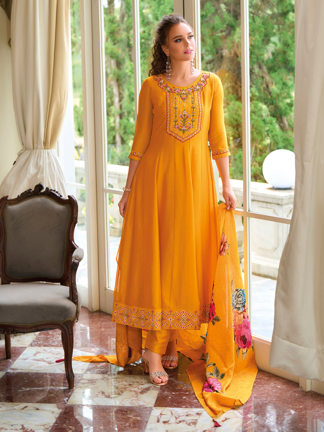English Garden Yellow Embroidered Anarkali Pant Set - FitVibe Fashion