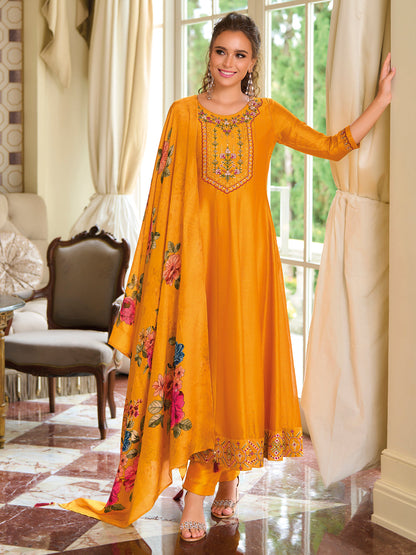 English Garden Yellow Embroidered Anarkali Pant Set - FitVibe Fashion