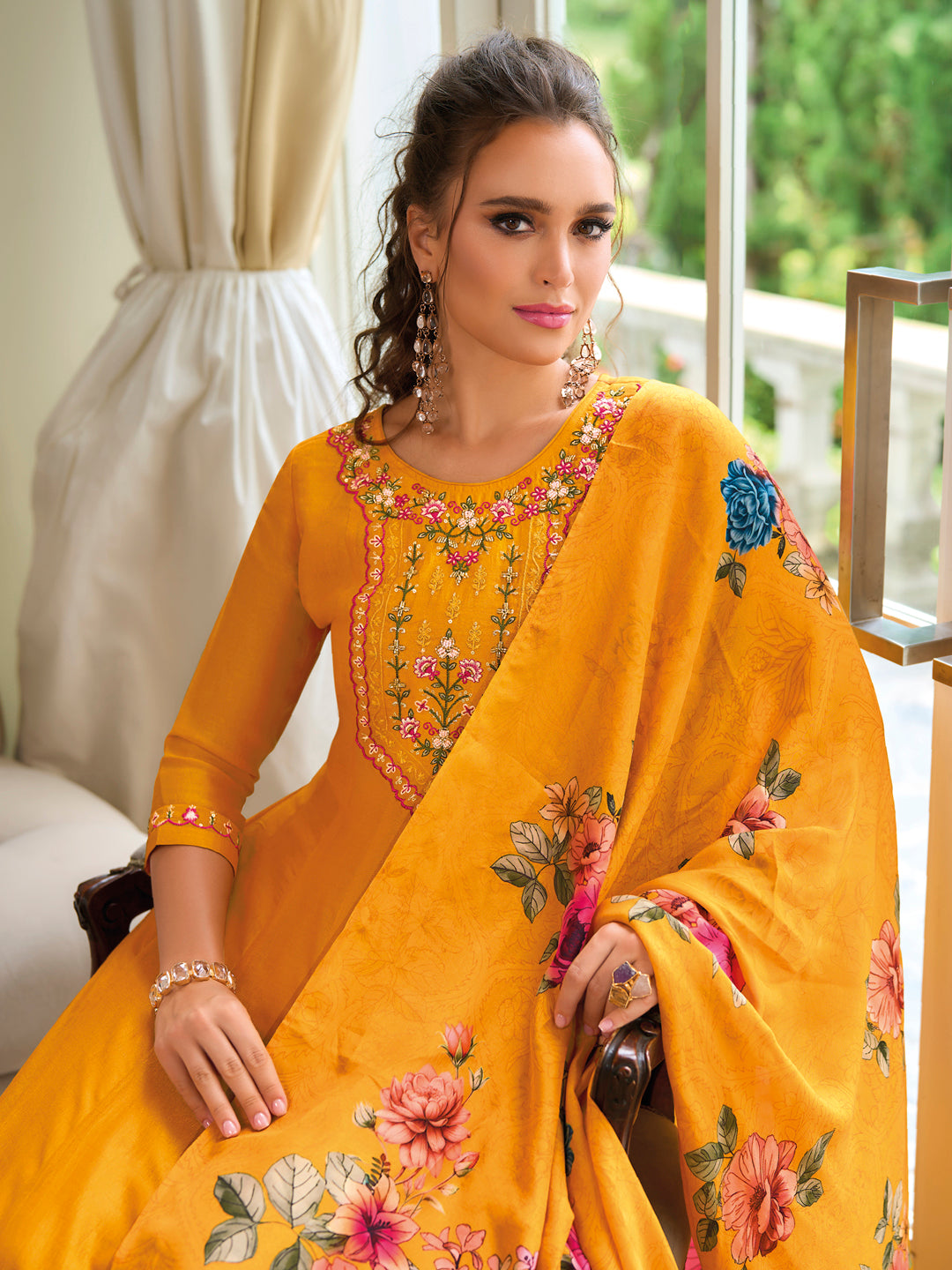 English Garden Yellow Embroidered Anarkali Pant Set - FitVibe Fashion
