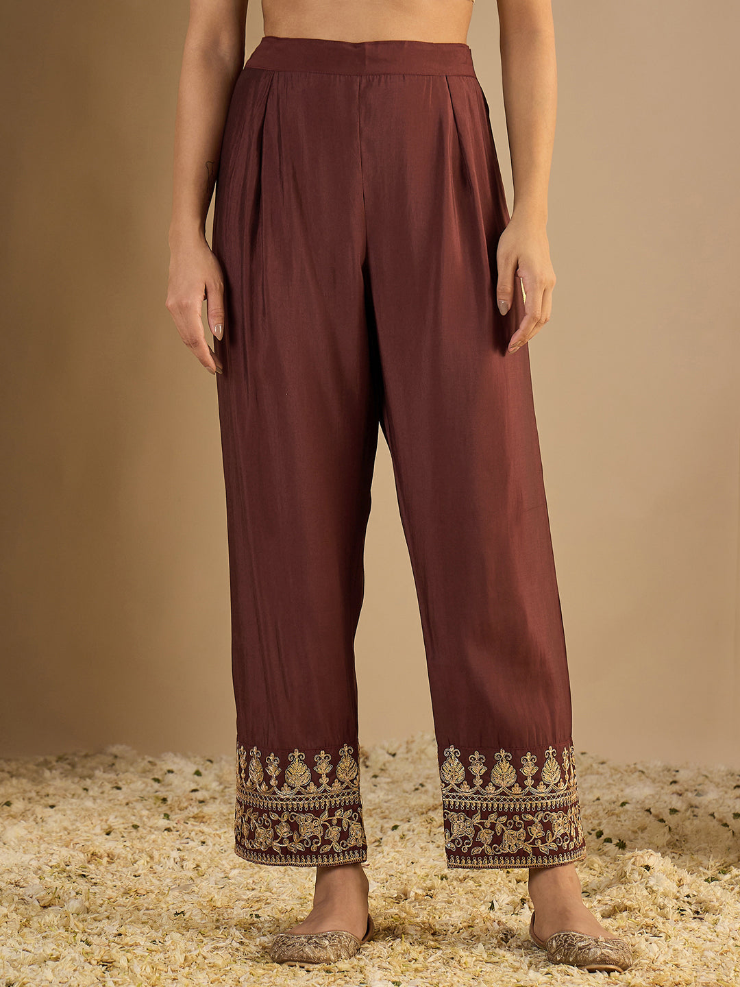 Pinaki Embroidered Silk Blend Calf Length Straight Kurta with Palazzo & Dupatta Set - FitVibe Fashion