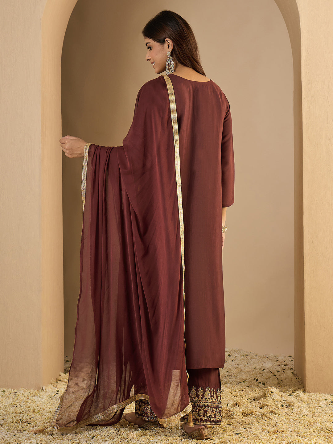 Pinaki Embroidered Silk Blend Calf Length Straight Kurta with Palazzo & Dupatta Set - FitVibe Fashion