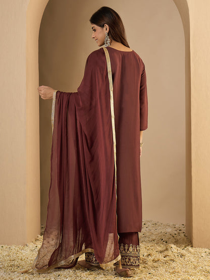 Pinaki Embroidered Silk Blend Calf Length Straight Kurta with Palazzo & Dupatta Set - FitVibe Fashion