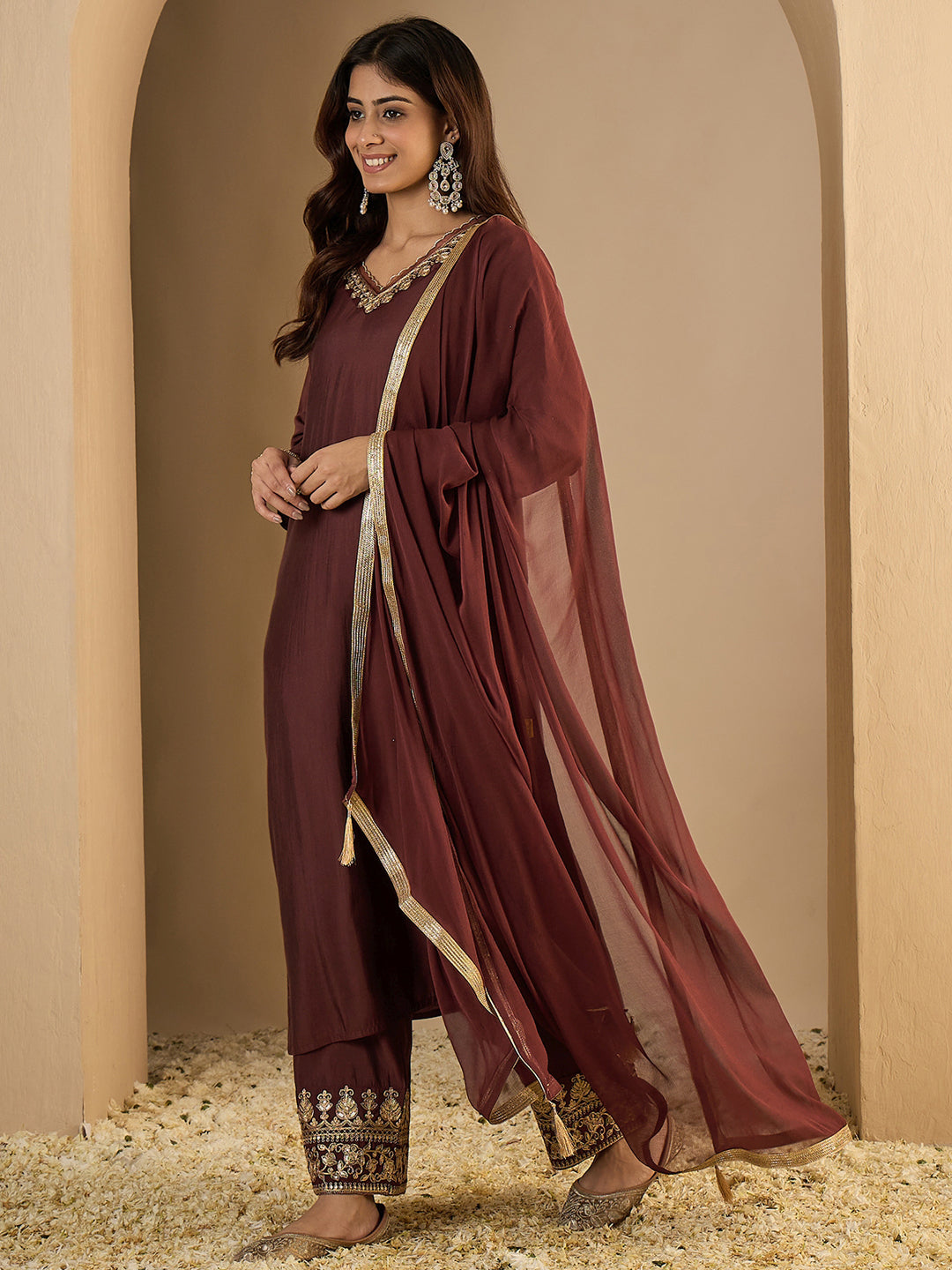 Pinaki Embroidered Silk Blend Calf Length Straight Kurta with Palazzo & Dupatta Set - FitVibe Fashion