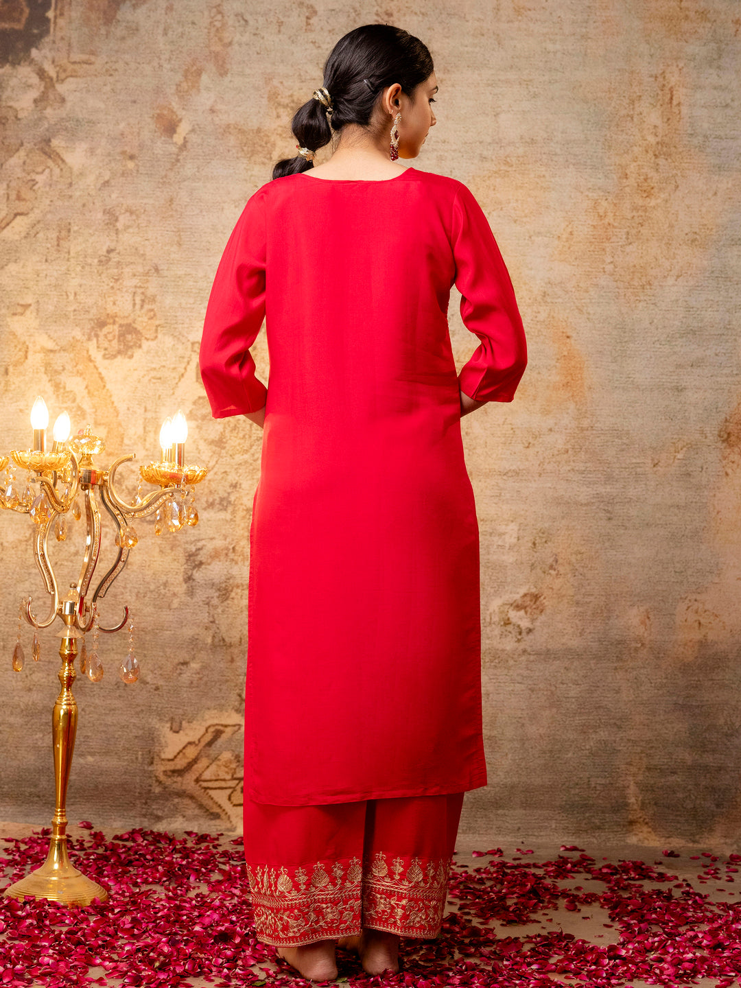 Pinaki Embroidered Silk Blend Calf Length Straight Kurta with Palazzo & Dupatta Set - FitVibe Fashion