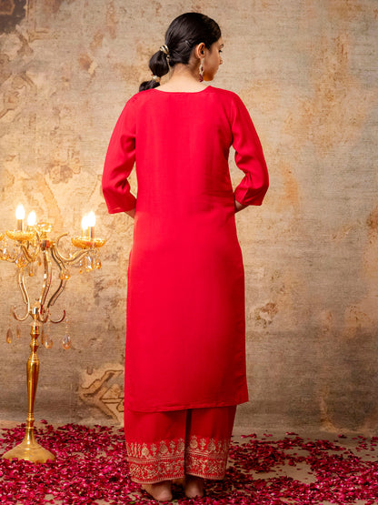 Pinaki Embroidered Silk Blend Calf Length Straight Kurta with Palazzo & Dupatta Set - FitVibe Fashion