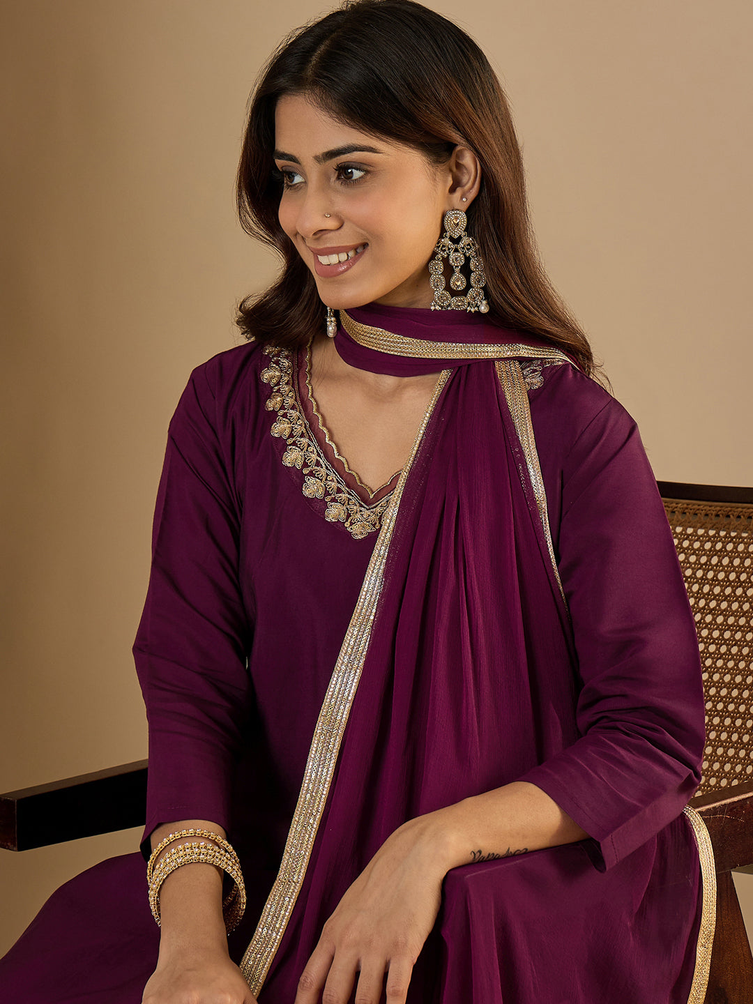 Pinaki Embroidered Silk Blend Calf Length Straight Kurta with Palazzo & Dupatta Set - FitVibe Fashion