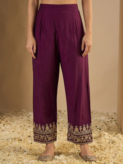 Pinaki Embroidered Silk Blend Calf Length Straight Kurta with Palazzo & Dupatta Set - FitVibe Fashion