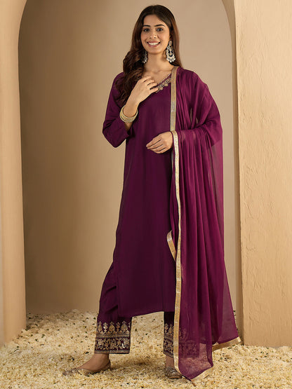 Pinaki Embroidered Silk Blend Calf Length Straight Kurta with Palazzo & Dupatta Set - FitVibe Fashion