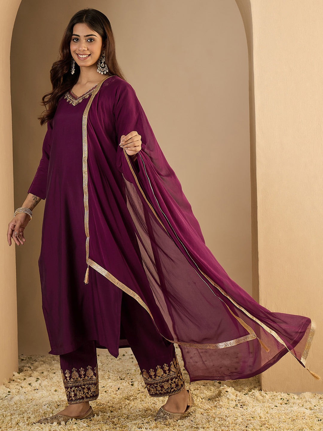 Pinaki Embroidered Silk Blend Calf Length Straight Kurta with Palazzo & Dupatta Set - FitVibe Fashion