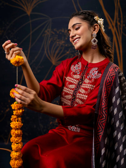 Women's Embroidered Silk Blend Calf Length Straight Kurta Trouser with Dupatta Set - FitVibe Fashion