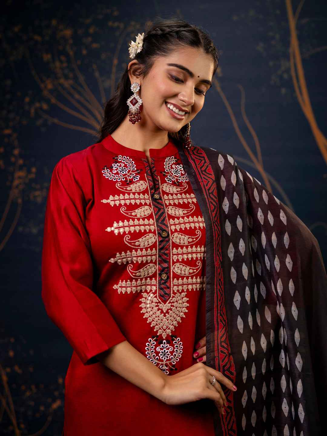 Women's Embroidered Silk Blend Calf Length Straight Kurta Trouser with Dupatta Set - FitVibe Fashion