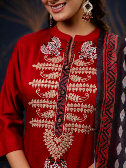 Women's Embroidered Silk Blend Calf Length Straight Kurta Trouser with Dupatta Set - FitVibe Fashion