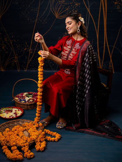 Women's Embroidered Silk Blend Calf Length Straight Kurta Trouser with Dupatta Set - FitVibe Fashion