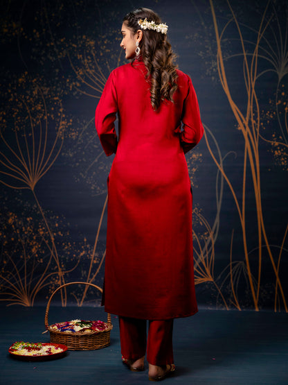 Women's Embroidered Silk Blend Calf Length Straight Kurta Trouser with Dupatta Set - FitVibe Fashion