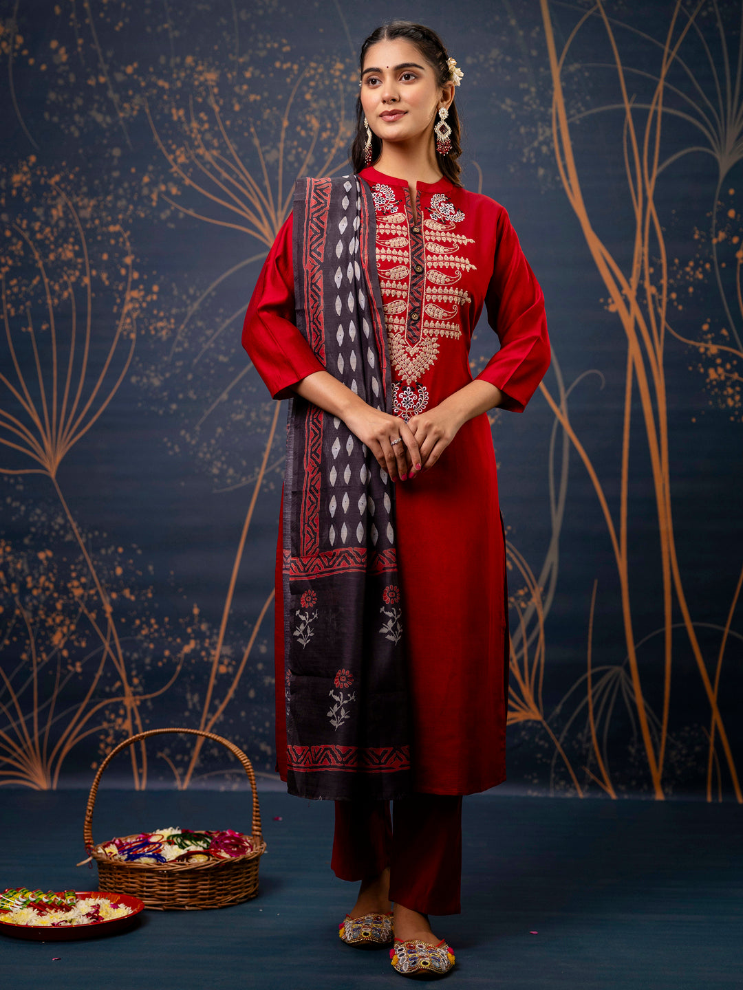 Women's Embroidered Silk Blend Calf Length Straight Kurta Trouser with Dupatta Set - FitVibe Fashion
