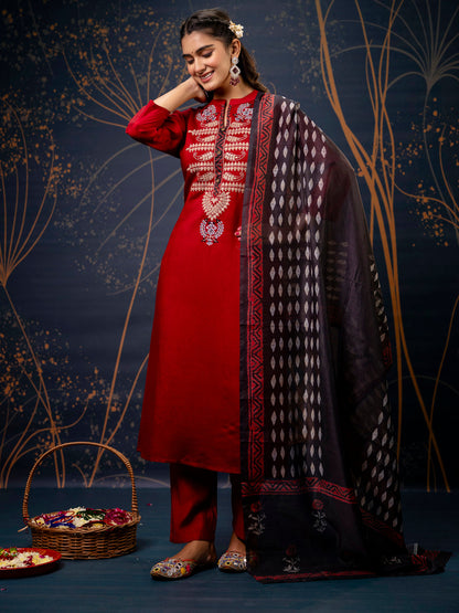 Women's Embroidered Silk Blend Calf Length Straight Kurta Trouser with Dupatta Set - FitVibe Fashion