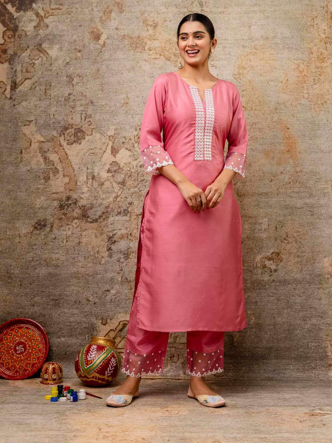 Svarnika Womens Silk Blend Kurta Pant Set Elegant Embroidered Ethnic Wear for Weddings and Festivals - FitVibe Fashion