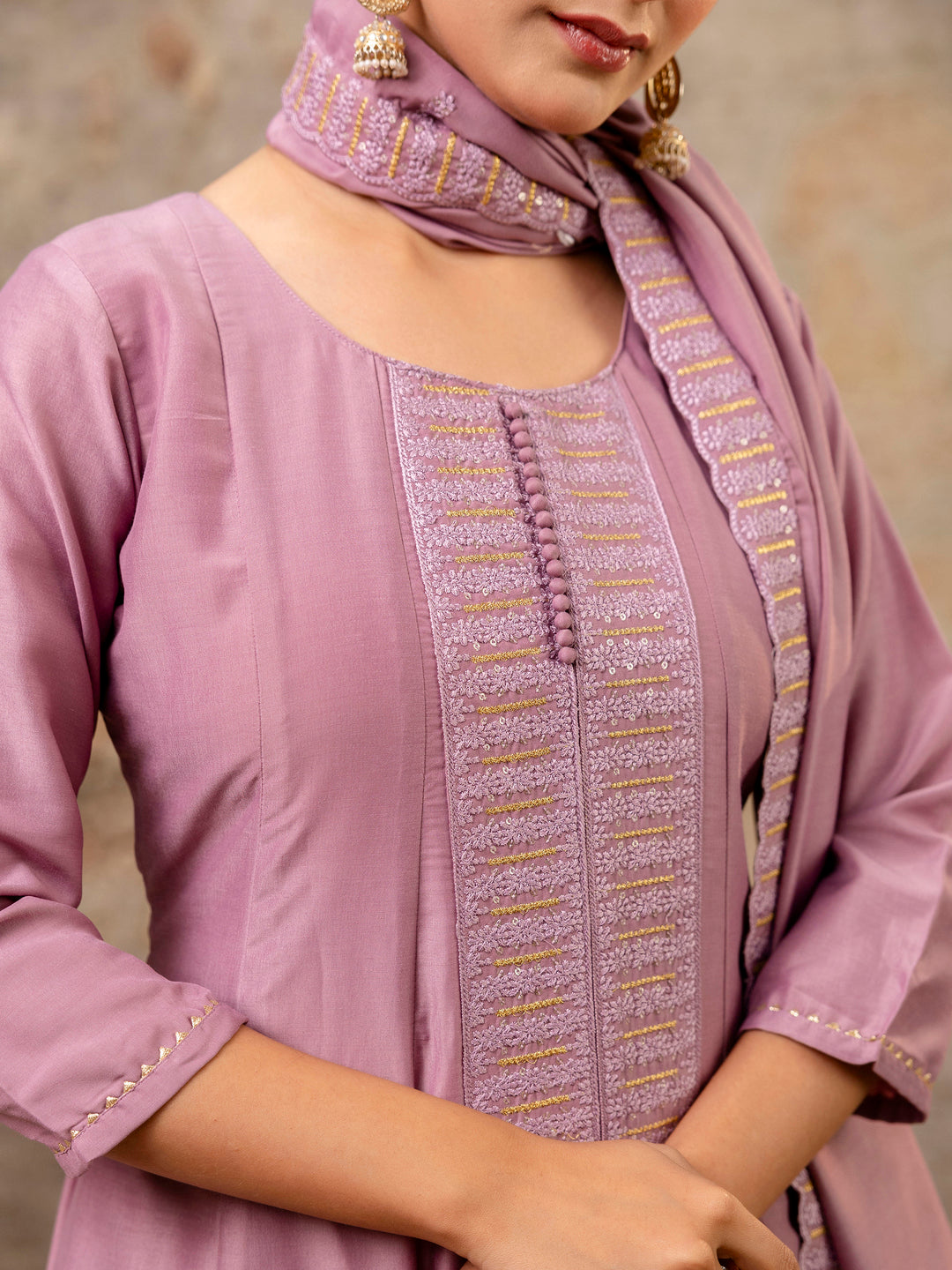 Women's Embroidered Silk Blend Calf Length Flare Kurta with Palazzo & Dupatta Set - FitVibe Fashion