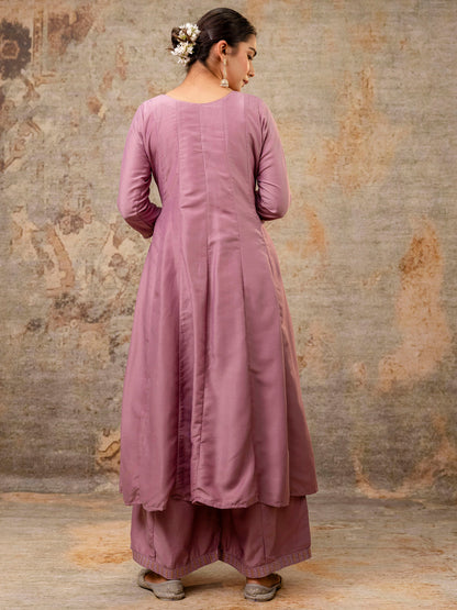 Women's Embroidered Silk Blend Calf Length Flare Kurta with Palazzo & Dupatta Set - FitVibe Fashion