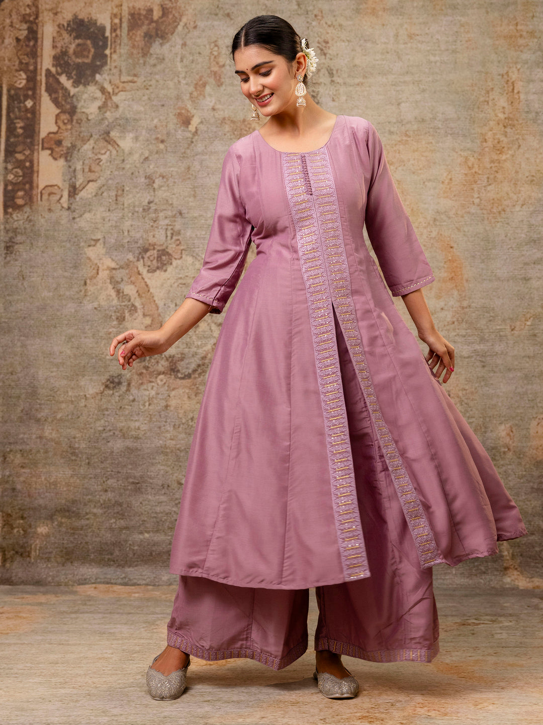 Women's Embroidered Silk Blend Calf Length Flare Kurta with Palazzo & Dupatta Set - FitVibe Fashion