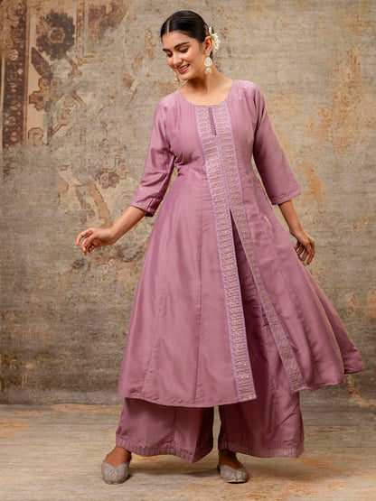 Women's Embroidered Silk Blend Calf Length Flare Kurta with Palazzo & Dupatta Set - FitVibe Fashion