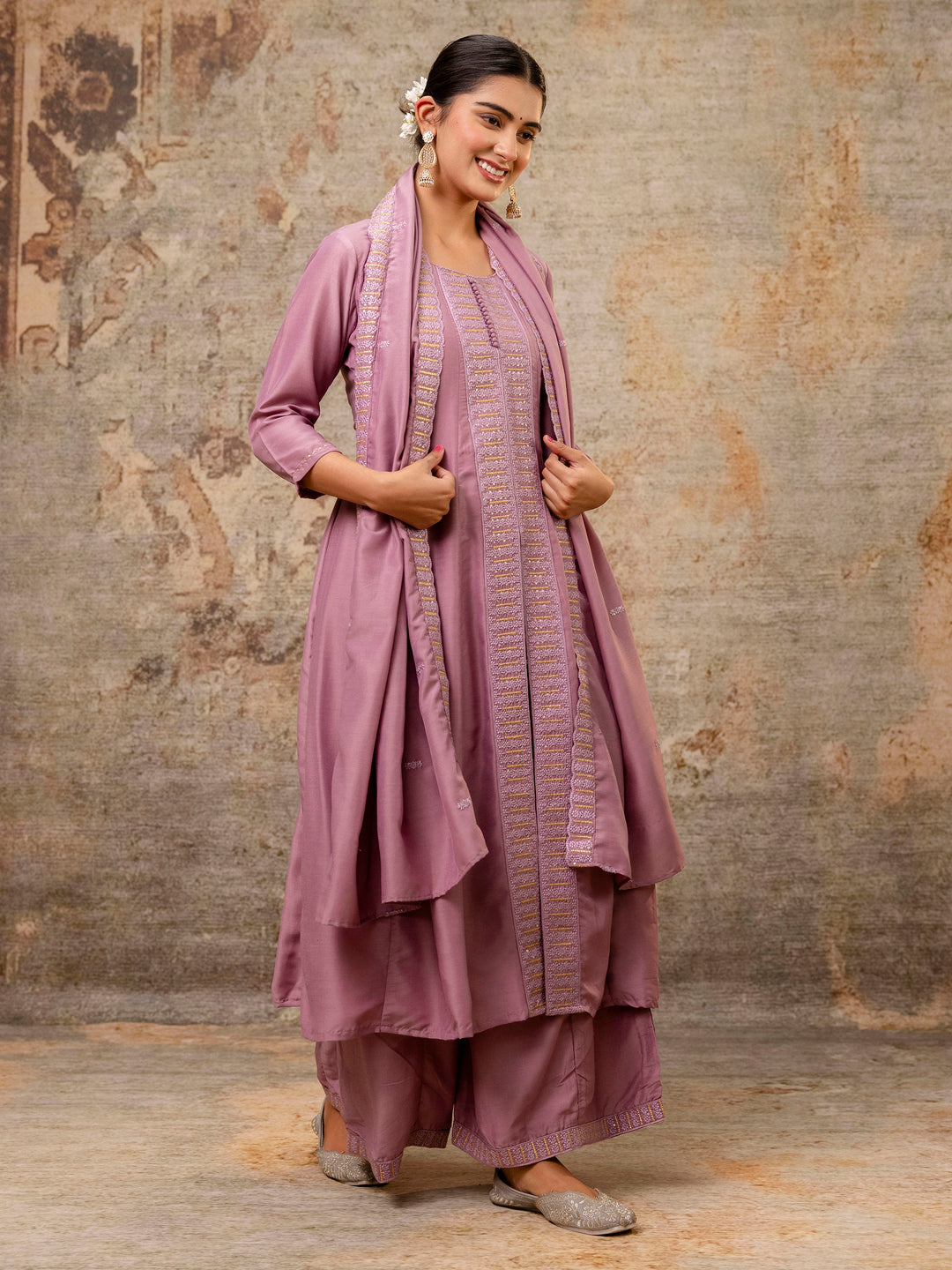 Women's Embroidered Silk Blend Calf Length Flare Kurta with Palazzo & Dupatta Set - FitVibe Fashion