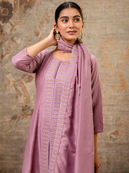 Women's Embroidered Silk Blend Calf Length Flare Kurta with Palazzo & Dupatta Set - FitVibe Fashion