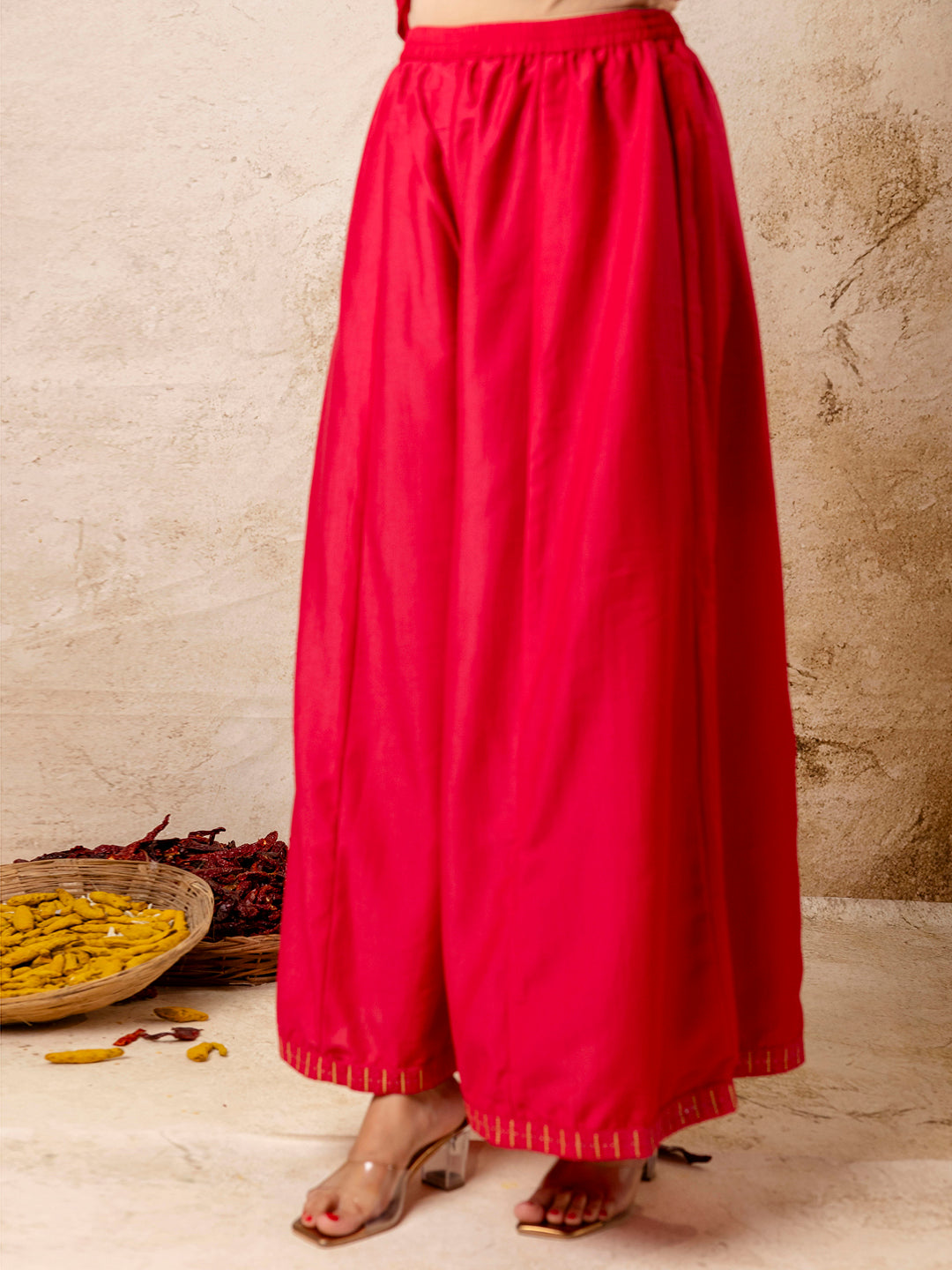 Women's Embroidered Silk Blend Calf Length Flare Kurta with Palazzo & Dupatta Set - FitVibe Fashion