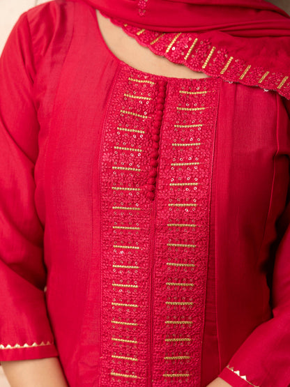 Women's Embroidered Silk Blend Calf Length Flare Kurta with Palazzo & Dupatta Set - FitVibe Fashion