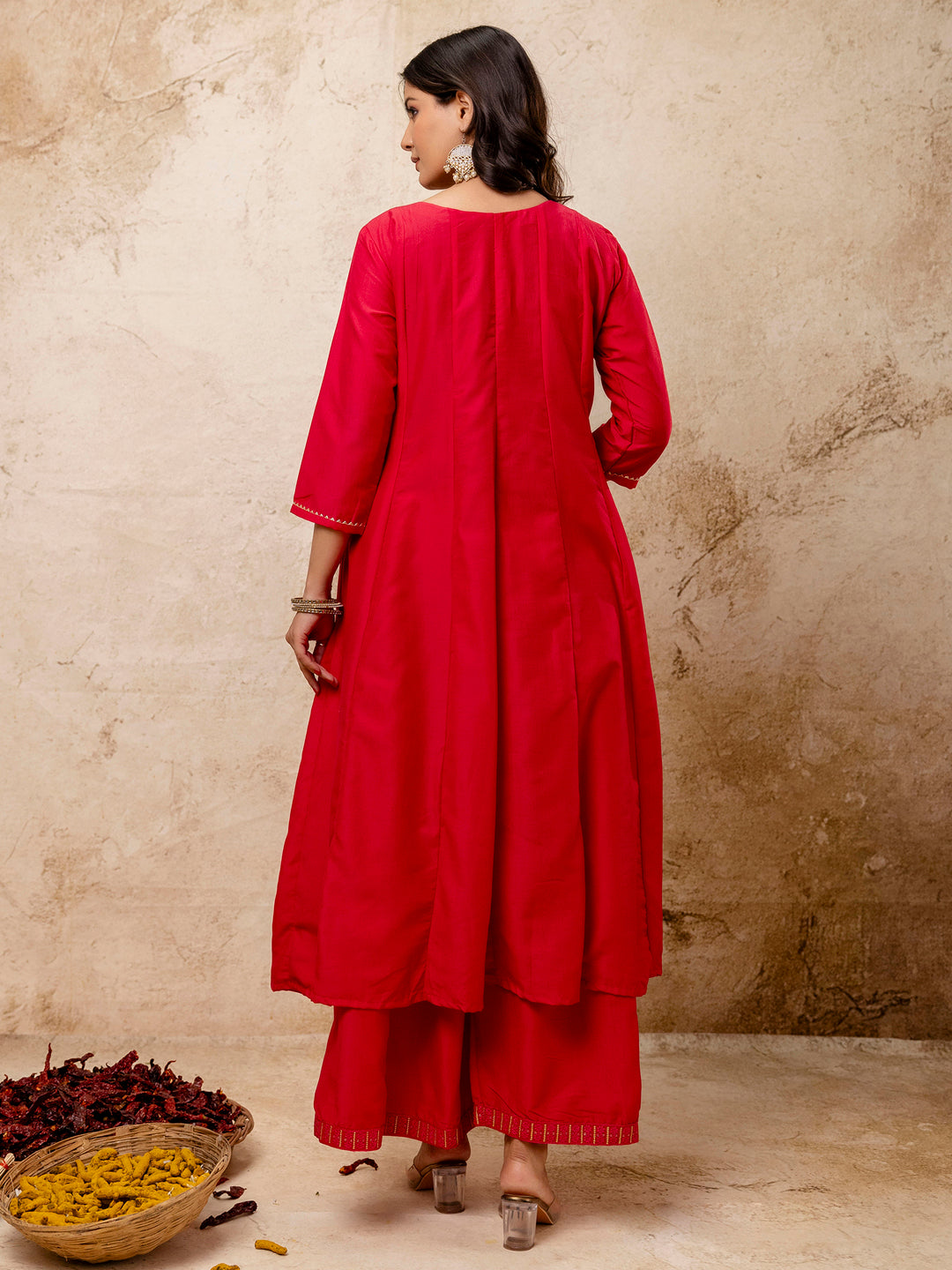 Women's Embroidered Silk Blend Calf Length Flare Kurta with Palazzo & Dupatta Set - FitVibe Fashion