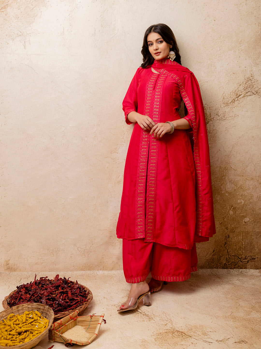 Women's Embroidered Silk Blend Calf Length Flare Kurta with Palazzo & Dupatta Set - FitVibe Fashion