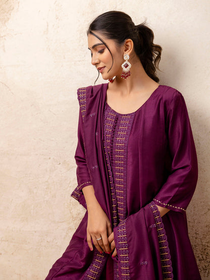 Women's Embroidered Silk Blend Calf Length Flare Kurta with Palazzo & Dupatta Set - FitVibe Fashion