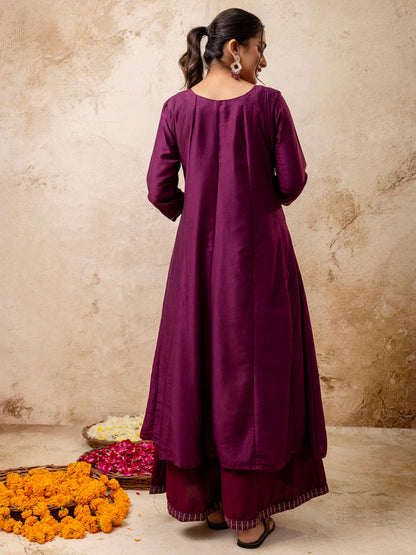 Women's Embroidered Silk Blend Calf Length Flare Kurta with Palazzo & Dupatta Set - FitVibe Fashion