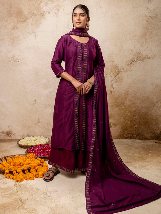 Women's Embroidered Silk Blend Calf Length Flare Kurta with Palazzo & Dupatta Set - FitVibe Fashion