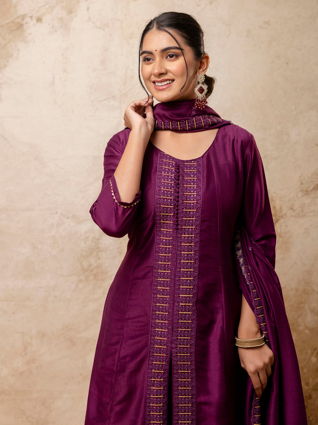 Women's Embroidered Silk Blend Calf Length Flare Kurta with Palazzo & Dupatta Set - FitVibe Fashion