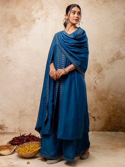 Women's Embroidered Silk Blend Calf Length Flare Kurta with Palazzo & Dupatta Set - FitVibe Fashion