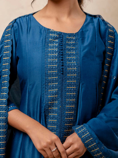 Women's Embroidered Silk Blend Calf Length Flare Kurta with Palazzo & Dupatta Set - FitVibe Fashion