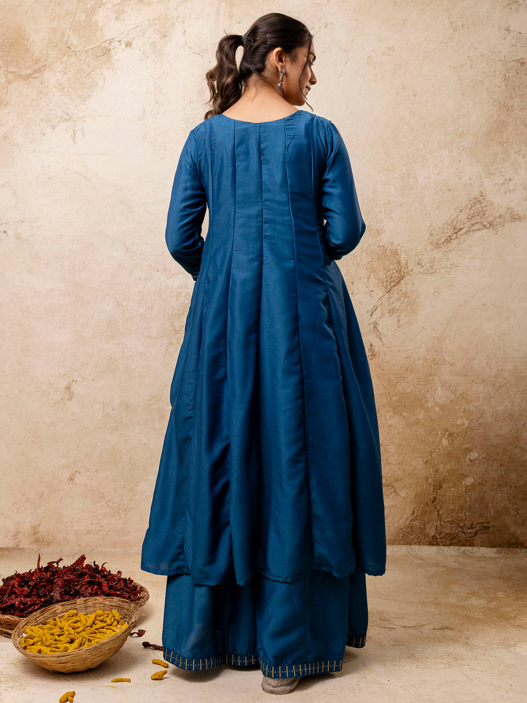 Women's Embroidered Silk Blend Calf Length Flare Kurta with Palazzo & Dupatta Set - FitVibe Fashion