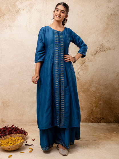 Women's Embroidered Silk Blend Calf Length Flare Kurta with Palazzo & Dupatta Set - FitVibe Fashion