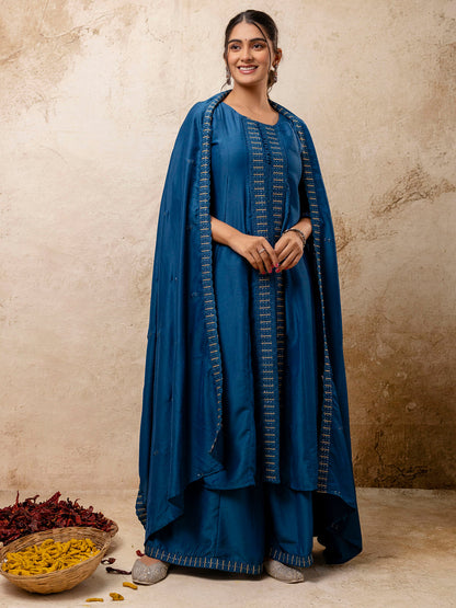 Women's Embroidered Silk Blend Calf Length Flare Kurta with Palazzo & Dupatta Set - FitVibe Fashion