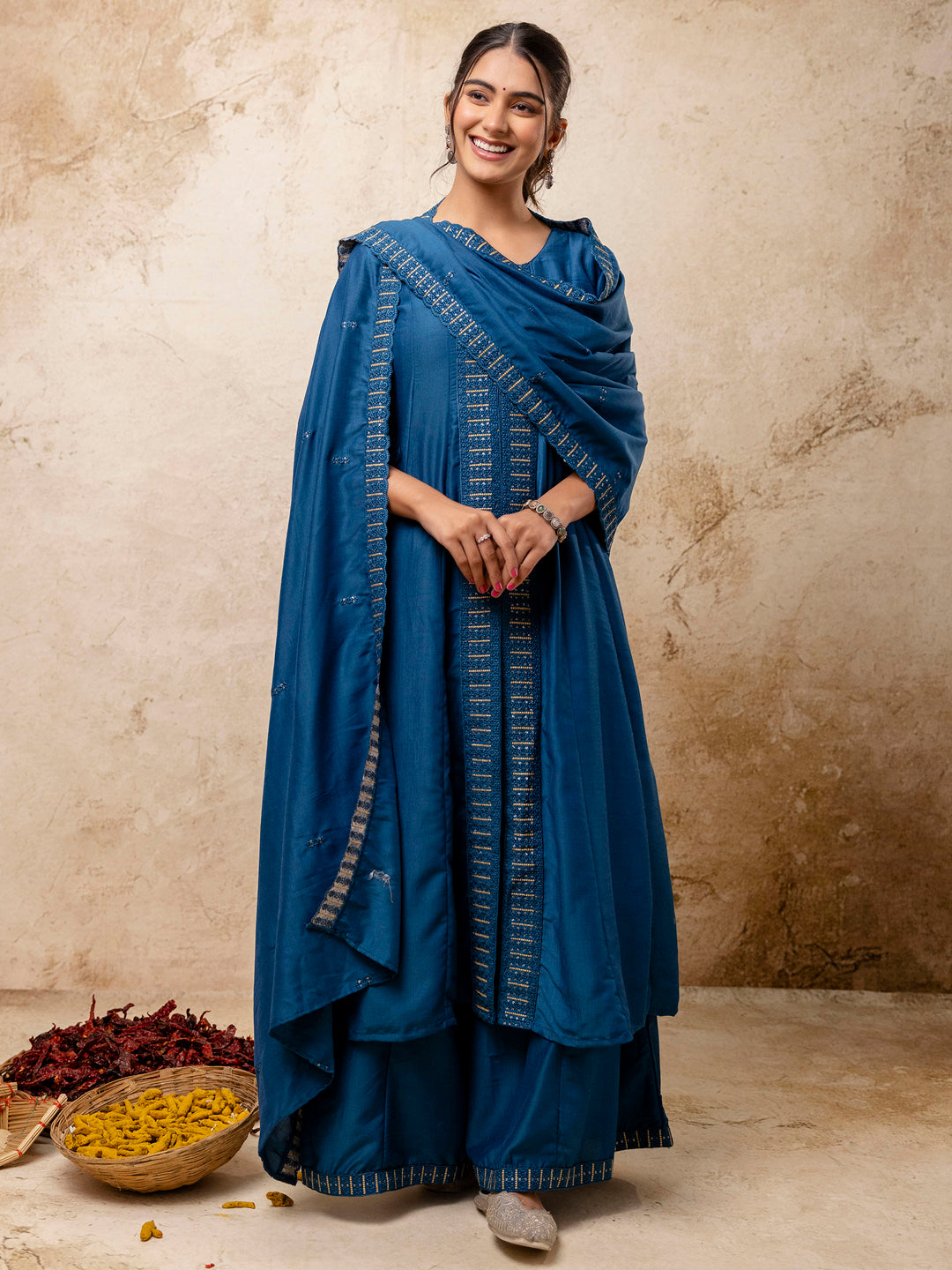 Women's Embroidered Silk Blend Calf Length Flare Kurta with Palazzo & Dupatta Set - FitVibe Fashion