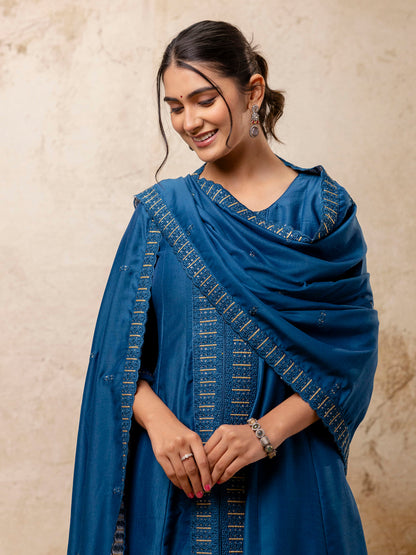 Women's Embroidered Silk Blend Calf Length Flare Kurta with Palazzo & Dupatta Set - FitVibe Fashion