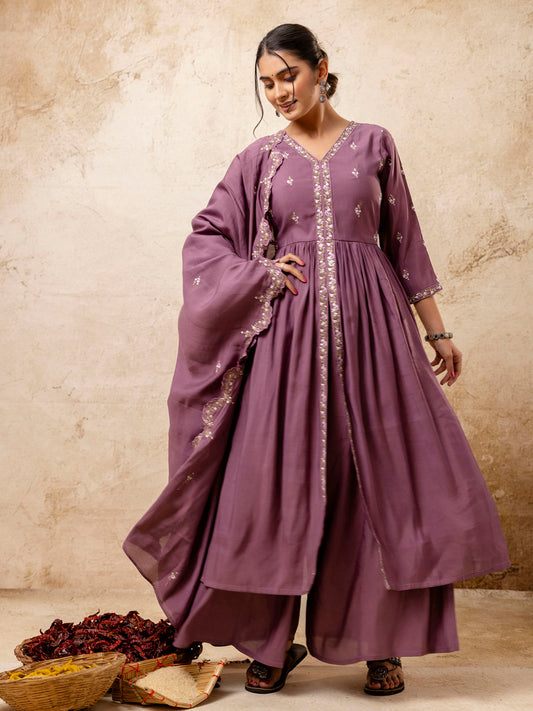 Women's Embroidered Silk Blend Calf Length Flare Kurta with Palazzo & Dupatta Set - FitVibe Fashion