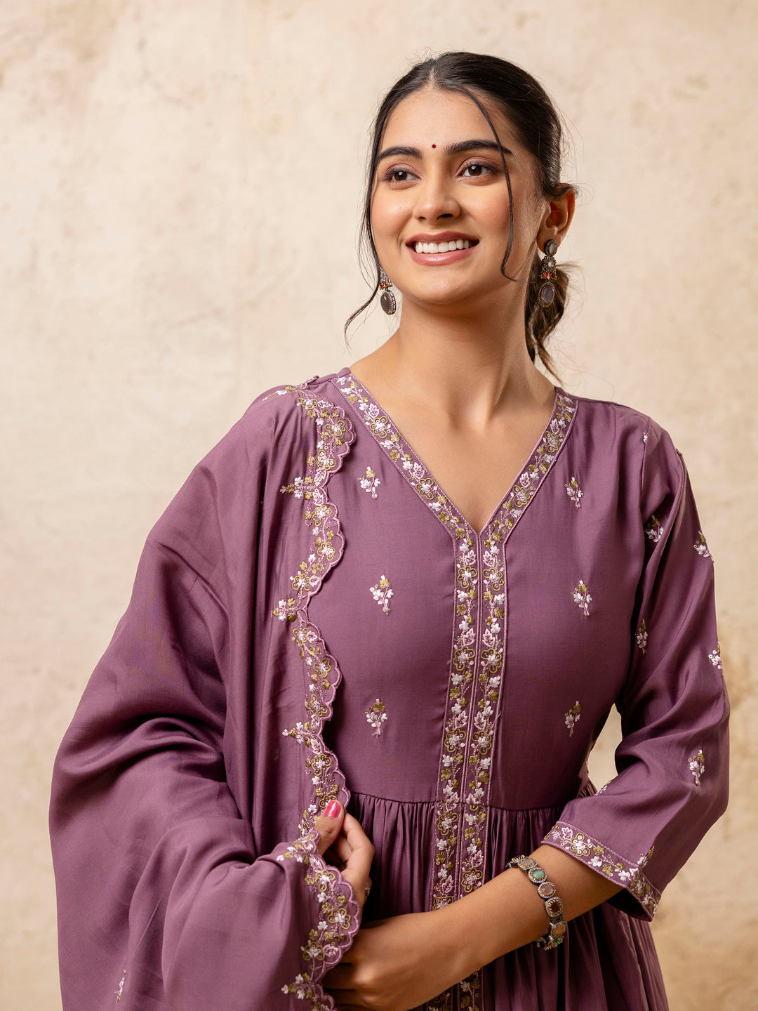 Women's Embroidered Silk Blend Calf Length Flare Kurta with Palazzo & Dupatta Set - FitVibe Fashion