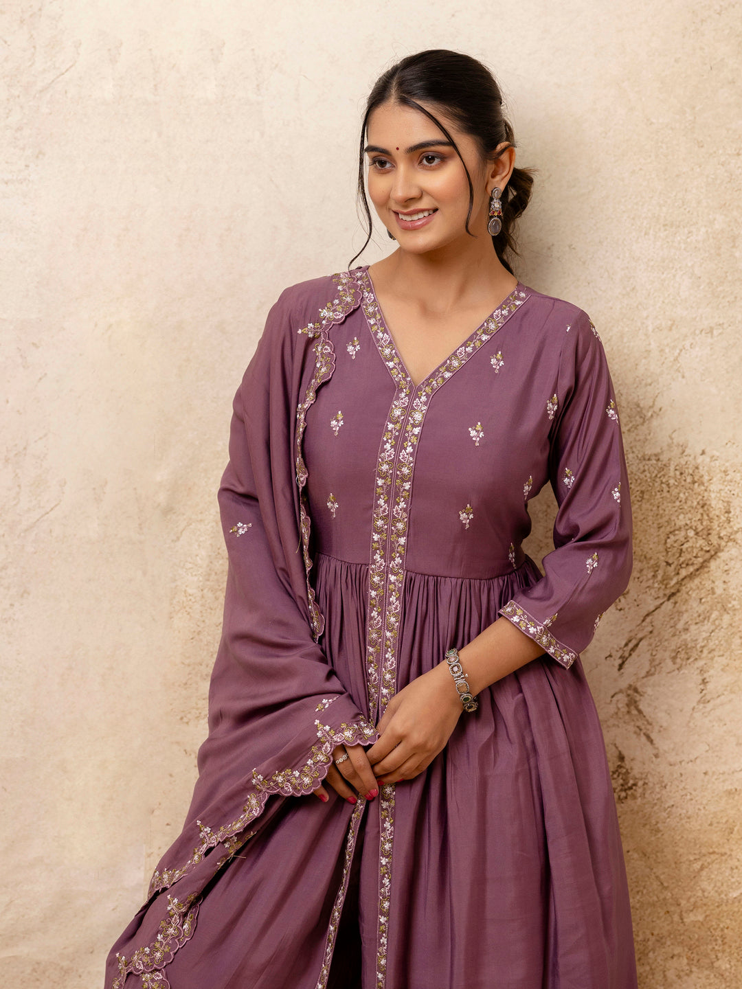 Women's Embroidered Silk Blend Calf Length Flare Kurta with Palazzo & Dupatta Set - FitVibe Fashion