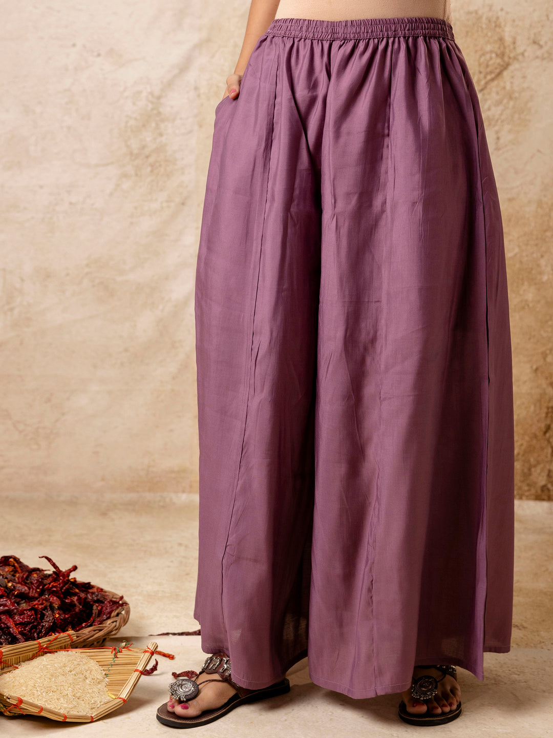 Women's Embroidered Silk Blend Calf Length Flare Kurta with Palazzo & Dupatta Set - FitVibe Fashion