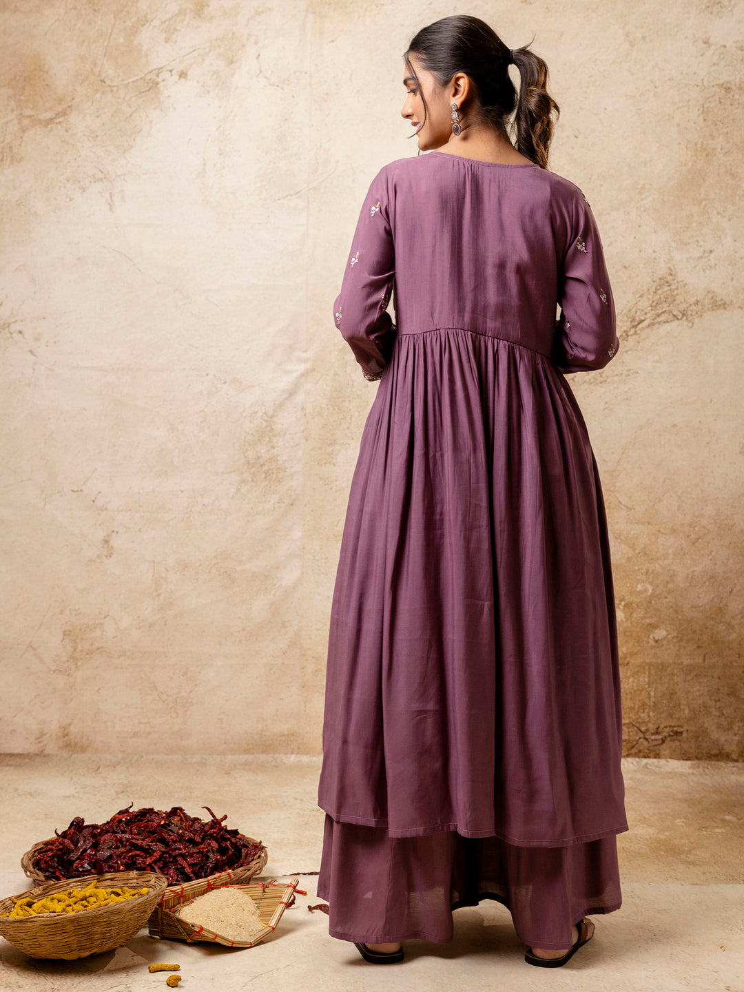 Women's Embroidered Silk Blend Calf Length Flare Kurta with Palazzo & Dupatta Set - FitVibe Fashion