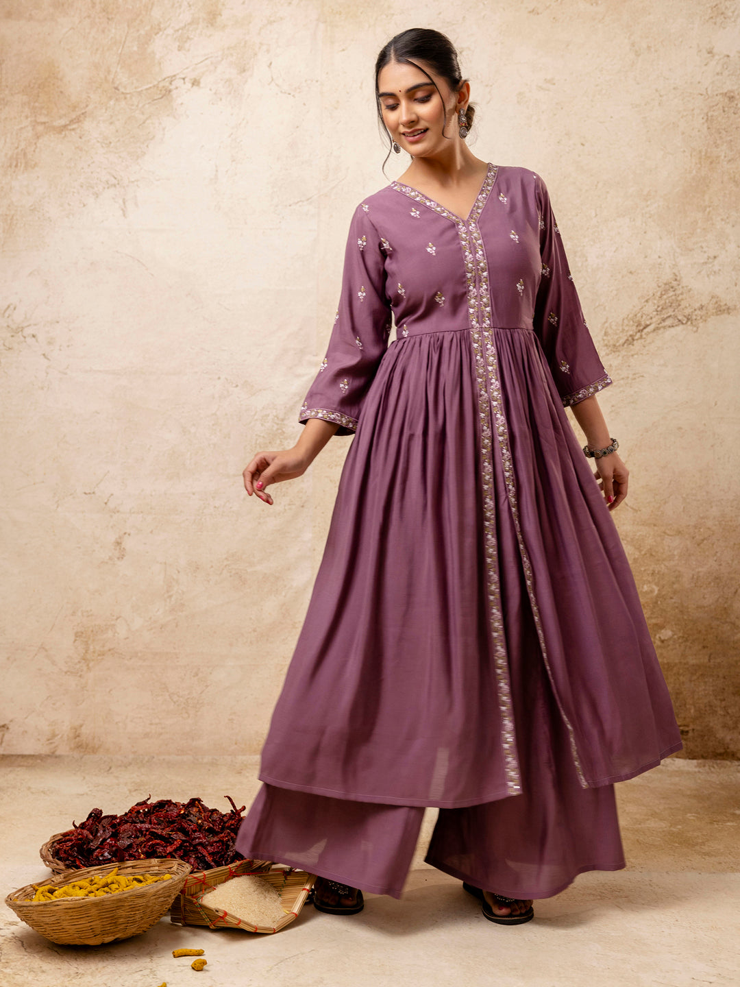 Women's Embroidered Silk Blend Calf Length Flare Kurta with Palazzo & Dupatta Set - FitVibe Fashion