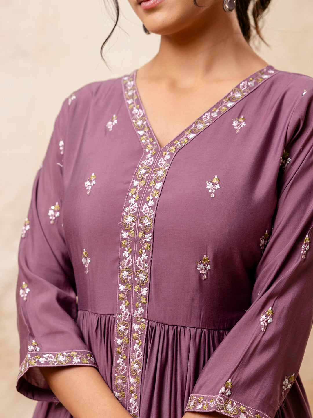 Women's Embroidered Silk Blend Calf Length Flare Kurta with Palazzo & Dupatta Set - FitVibe Fashion